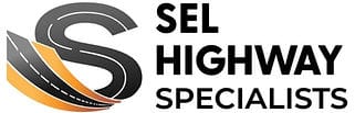 SEL Highway Specialists logo in grey and orange with S-shaped road icon